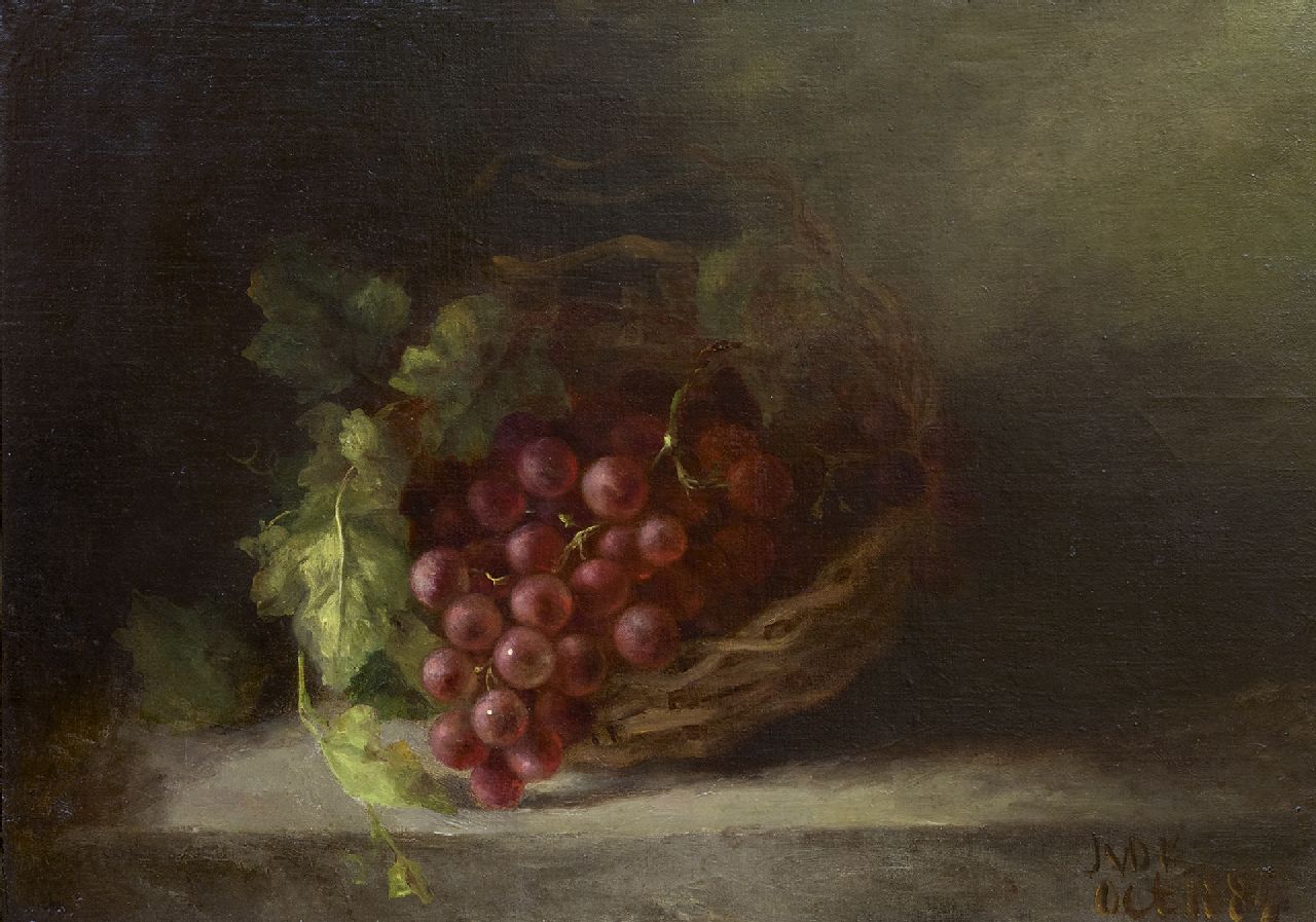 Kasteele J.M. van de | Johanna Margaretha van de Kasteele | Paintings offered for sale | Still life with grapes in a basket, oil on canvas laid down on panel 35.8 x 50.6 cm, signed l.r. with initials and dated oct. 1884