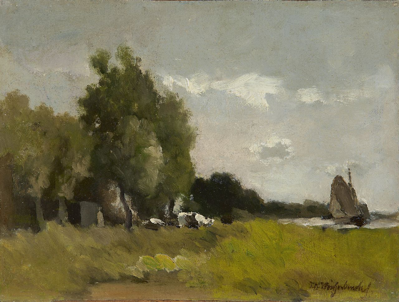 Weissenbruch H.J.  | Hendrik Johannes 'J.H.' Weissenbruch, A polder landscape, oil on canvas laid down on panel 23.8 x 31.7 cm, signed l.r. and painted ca. 1890-1900