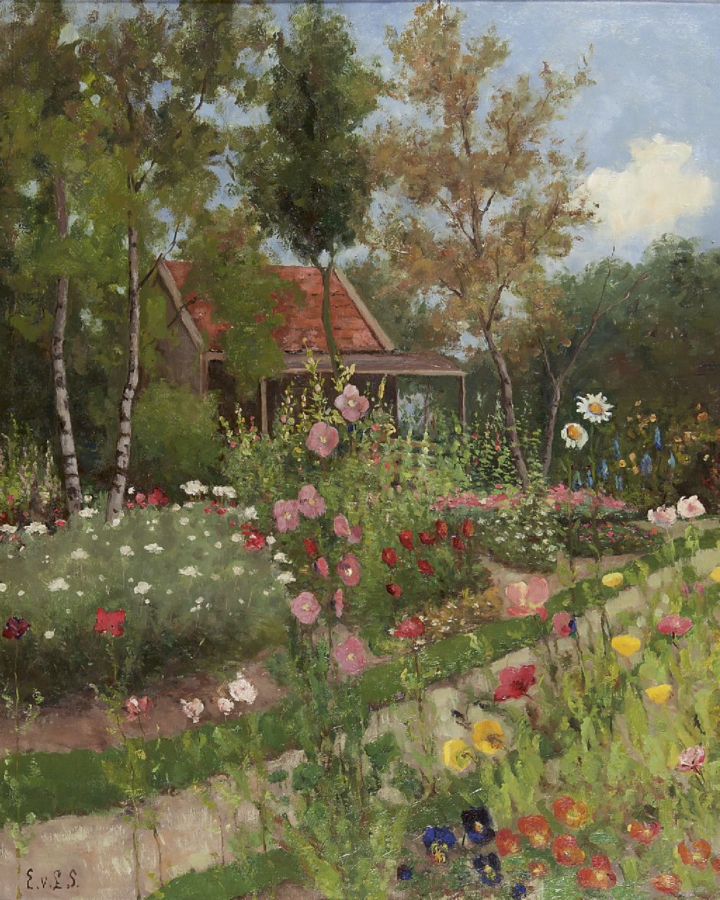 Limburg Stirum E.A.R. van | Eldina Aldegonda Rinsina van Limburg Stirum, A flower garden with a house, oil on canvas 80.5 x 65.7 cm, signed l.l. with initials