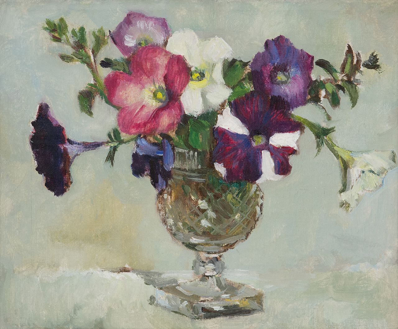 Arntzenius E.C.  | Elise Claudine Arntzenius, Petunias in a vase, oil on canvas 25.2 x 30.2 cm