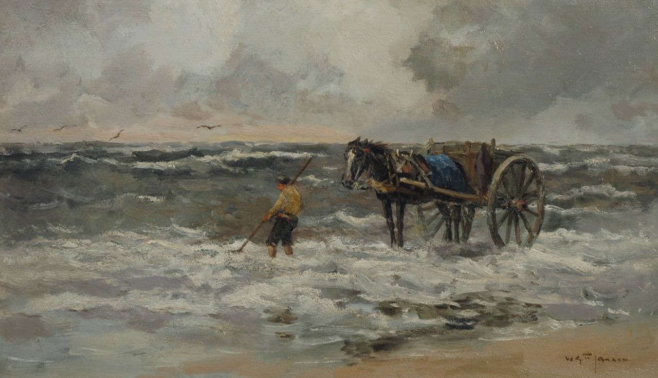 Jansen W.G.F.  | 'Willem' George Frederik Jansen, A shell fisher in the breakers, oil on canvas 58.8 x 100.1 cm, signed l.r.