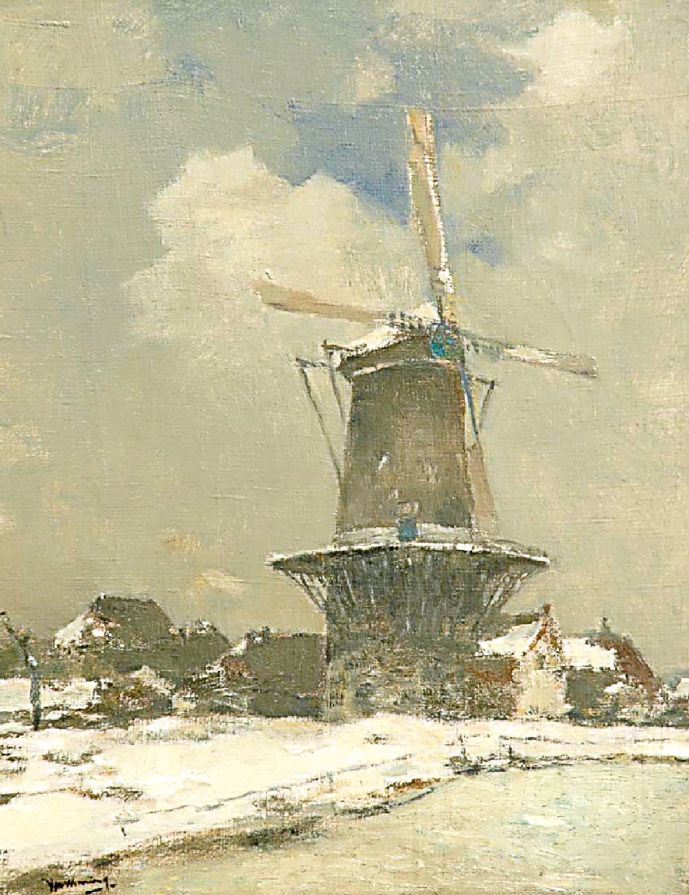 Wenning IJ.H.  | IJpe Heerke 'Ype' Wenning, Flour mill De Hoop in Oudewater, in wintertime, oil on canvas 53.6 x 41.5 cm, signed l.l.