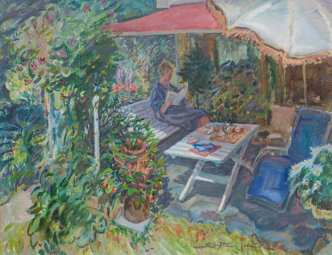 Sluijters jr. J.  | Jan Sluijters jr. | Paintings offered for sale | A suny terrace with the artist's wife, oil on canvas 50.3 x 65.3 cm, signed r.c.