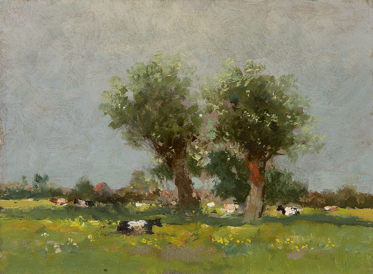 Weissenbruch W.J.  | 'Willem' Johannes Weissenbruch, Cows in a landscape, oil on board 17.8 x 23.9 cm