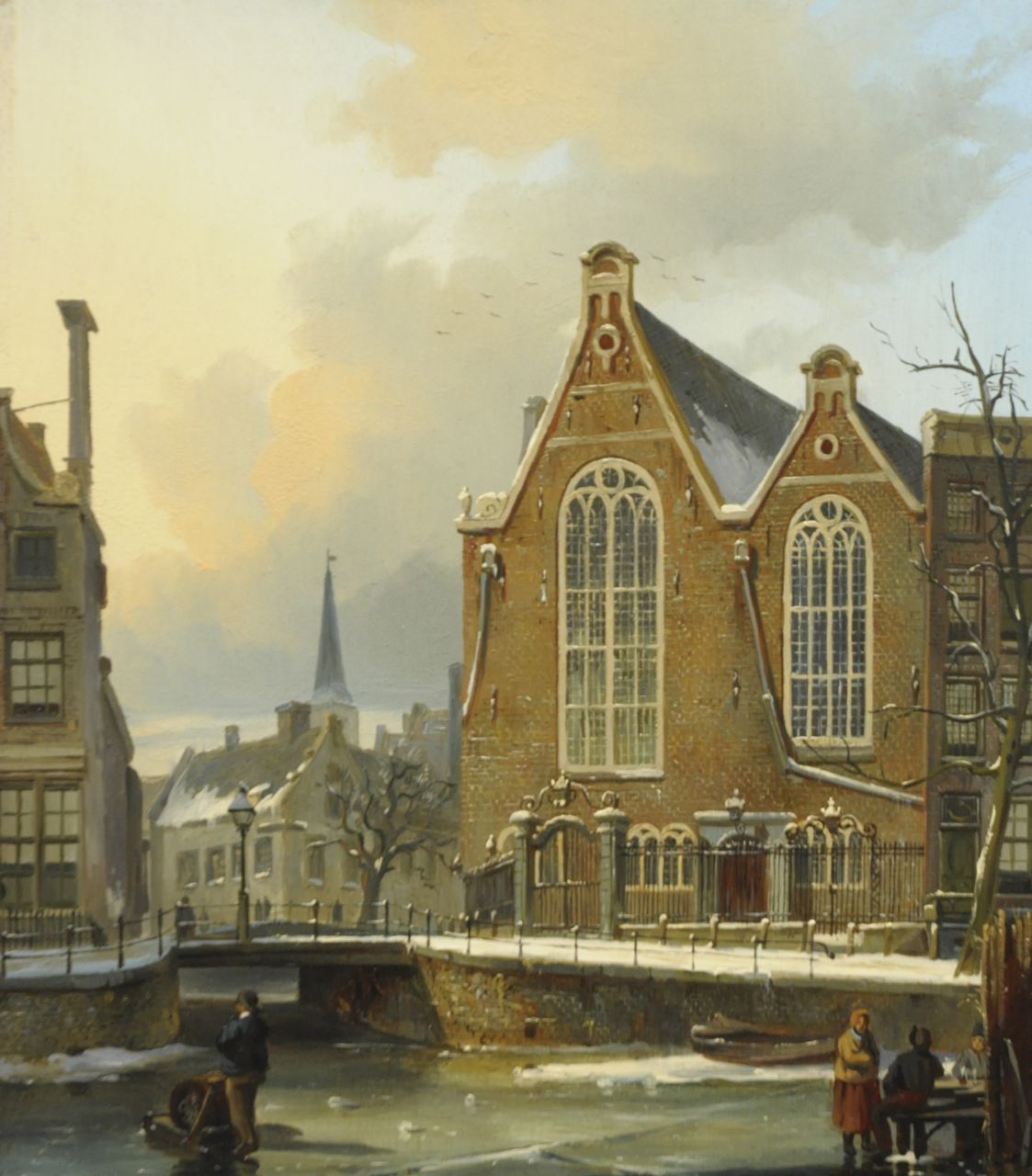 Behr C.J.  | Carel Jacobus Behr, The Singel with the Oude Lutherse Kerk, Amsterdam, oil on panel 26.3 x 23.2 cm, signed signed l.l. with initials on the sledge