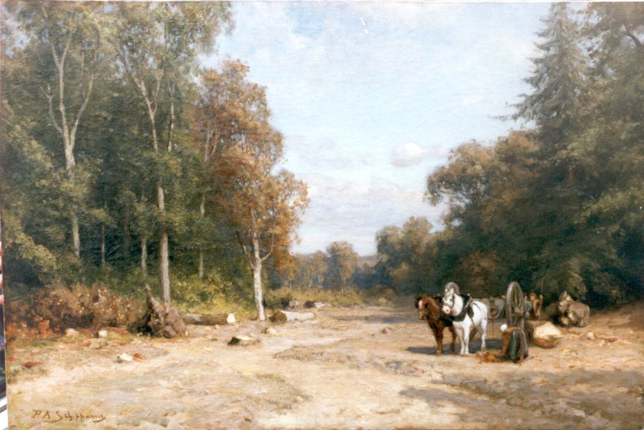 Schipperus P.A.  | Pieter Adrianus 'Piet' Schipperus, A forest with farmers gathering wood, oil on canvas 55.7 x 83.0 cm, signed l.l.