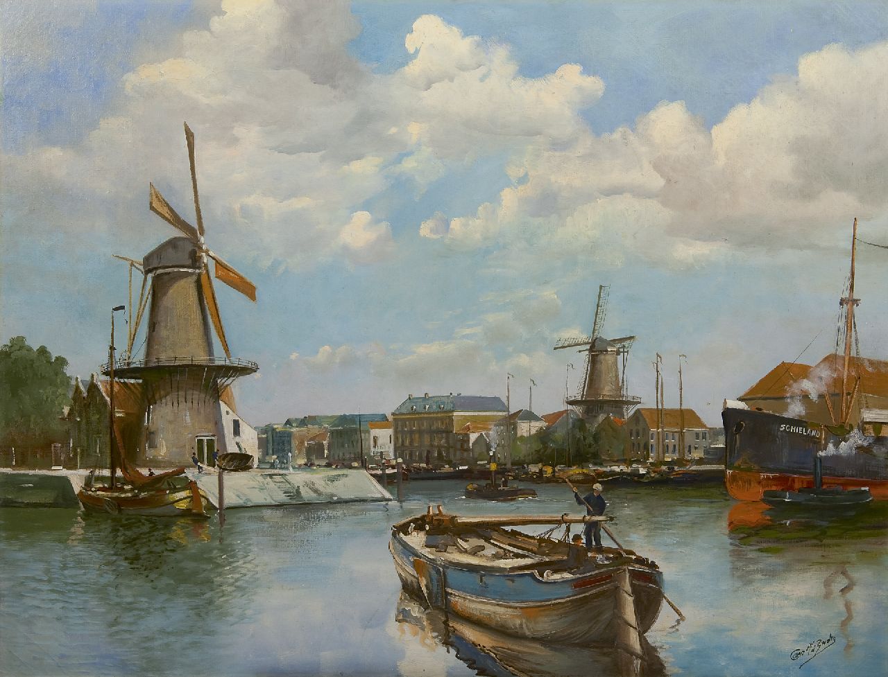 Cor van der Zwalm | A view of old Delfshaven with its malt mills, oil on canvas, 74.9 x 98.4 cm, signed l.r.