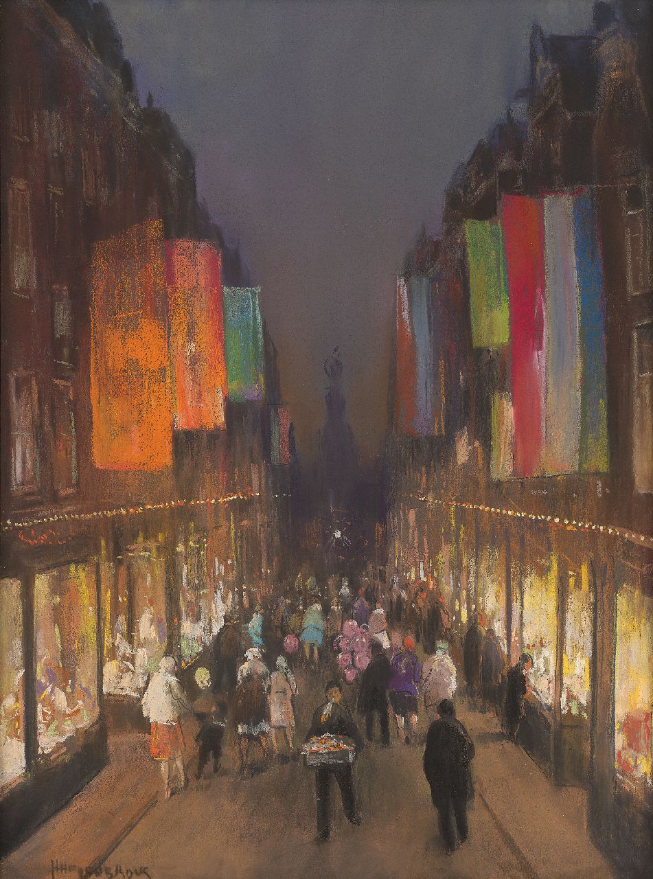 Heijenbrock J.C.H.  | Johan Coenraad Hermann 'Herman' Heijenbrock | Watercolours and drawings offered for sale | The Kalverstraat with flags, by night, pastel on paper 61.0 x 39.3 cm, signed l.l.