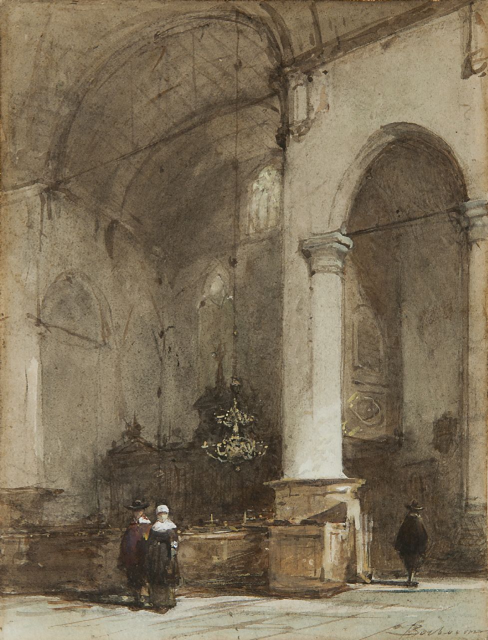 Bosboom J.  | Johannes Bosboom, Interior of the Grote Kerk, Maassluis, watercolour on paper 28.0 x 21.5 cm, signed l.r.