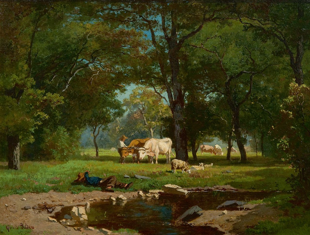 Gerard Bilders | Cowherds and cattle in a forest, oil on canvas, 31.0 x 41.2 cm, signed l.l. and painted early 1860's