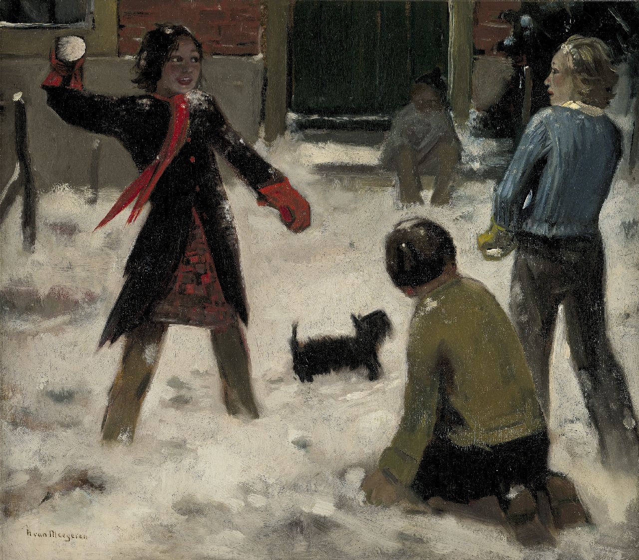 Meegeren H.A. van | Henricus Antonius 'Han' van Meegeren, Snowball fight, oil on canvas 63.0 x 71.0 cm, signed l.l. and painted ca. 1944-1945