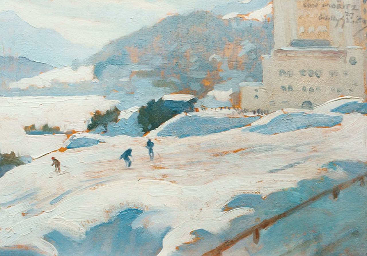 Sluiter J.W.  | Jan Willem 'Willy' Sluiter, Downhill, St. Moritz, 24.5 x 35.1 cm, signed u.r. and dated '27