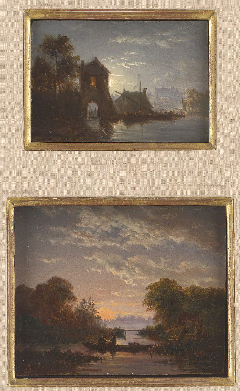 Abels J.Th.  | 'Jacobus' Theodorus Abels, Fishing at dawn and A moonlit harbour (together in one frame), oil on panel 9.6 x 11.6 cm, signed one signed  l.l. with monogram