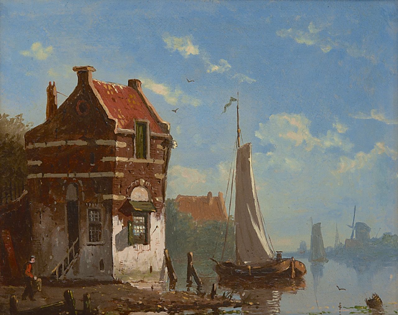 Roosdorp F.  | Frederik Roosdorp, Shipping in a calm river near a village, oil on panel 14.2 x 17.6 cm, signed l.l. with initial