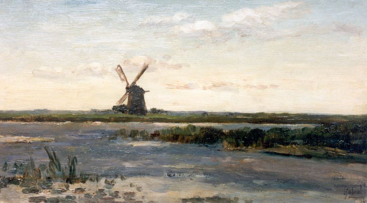 Gabriel P.J.C.  | Paul Joseph Constantin 'Constan(t)' Gabriel, A polder landscape with a windmill, oil on panel 25.0 x 44.0 cm, signed l.r. and dated '74