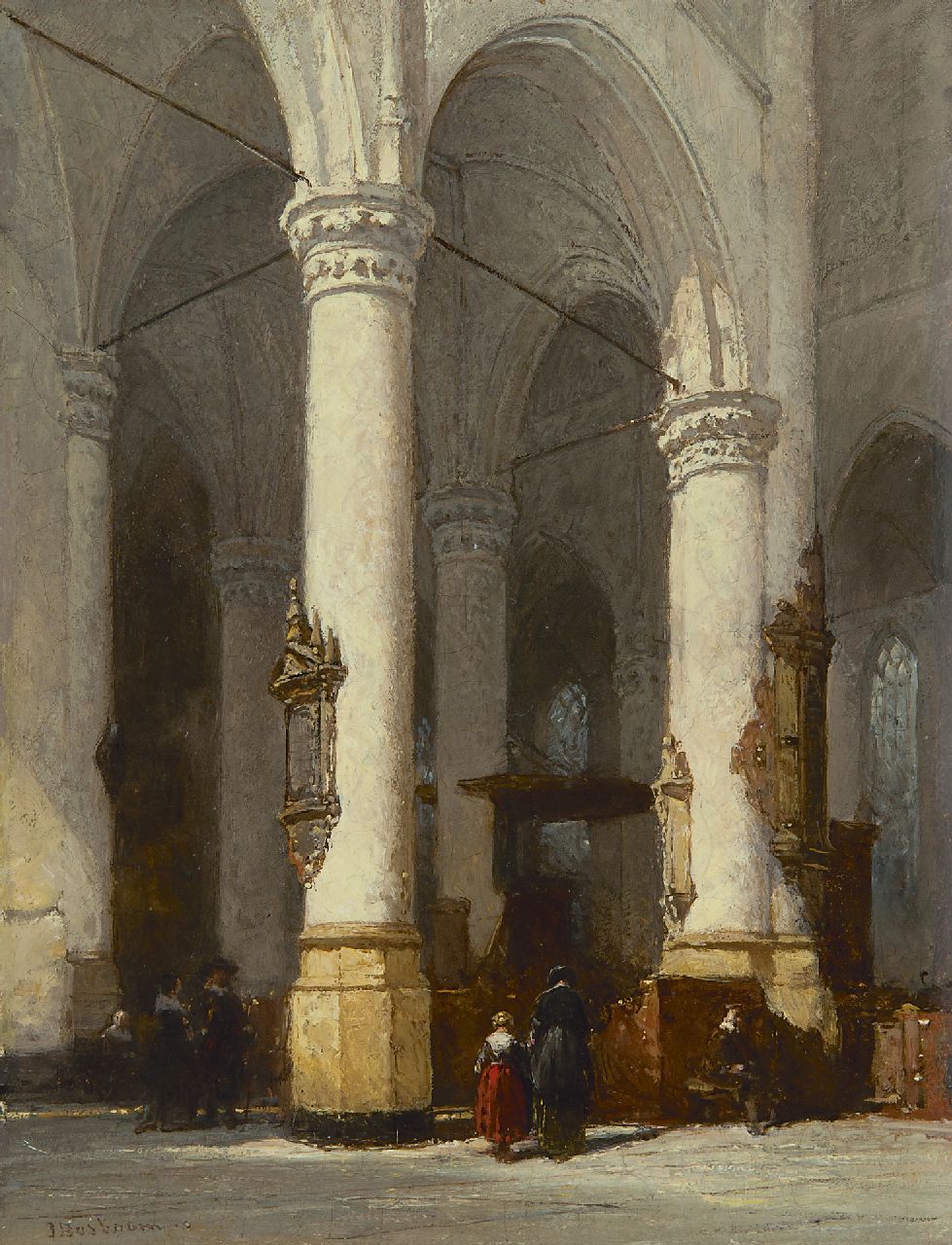 Bosboom J.  | Johannes Bosboom, The interior of the Hooglandse kerk, Leiden, oil on panel 23.5 x 18.0 cm, signed l.l.