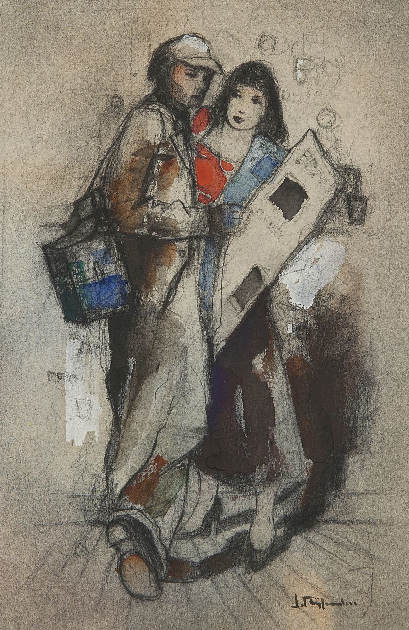 Rijlaarsdam J.  | Jan Rijlaarsdam, Musician and woman at the bar, black chalk and watercolour on paper 26.3 x 17.5 cm, signed l.r.