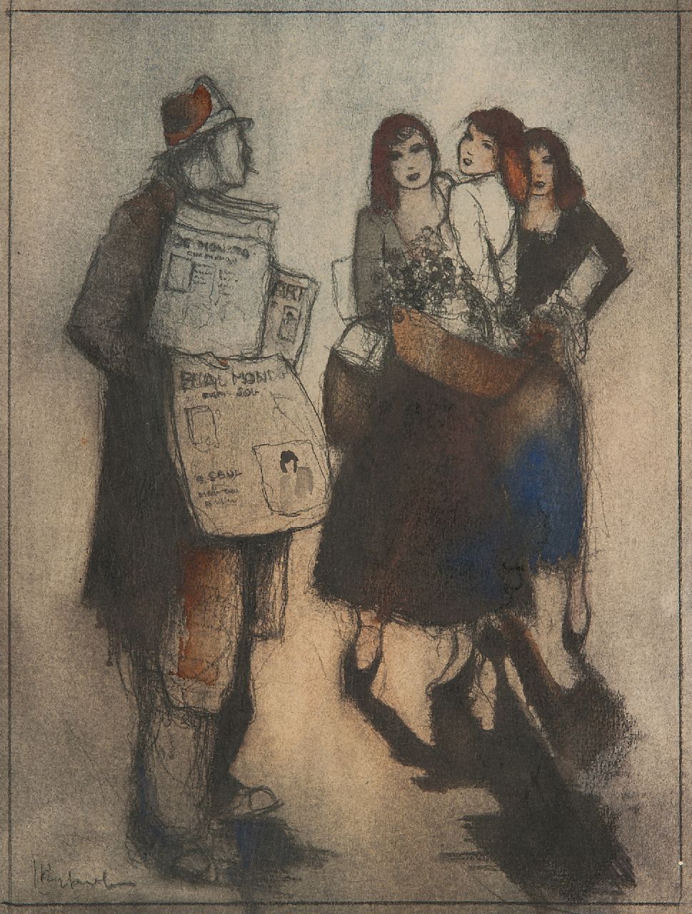 Rijlaarsdam J.  | Jan Rijlaarsdam, A newspaper seller and flower girls, Paris, black chalk and watercolour on paper 26.4 x 19.9 cm, signed l.l.