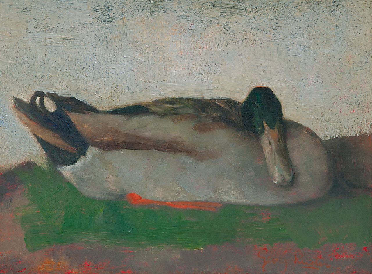 Rueter W.C.G.  | Wilhelm Christian 'Georg' Rueter, Sleeping duck, oil on panel 23.5 x 32.2 cm, signed l.r.