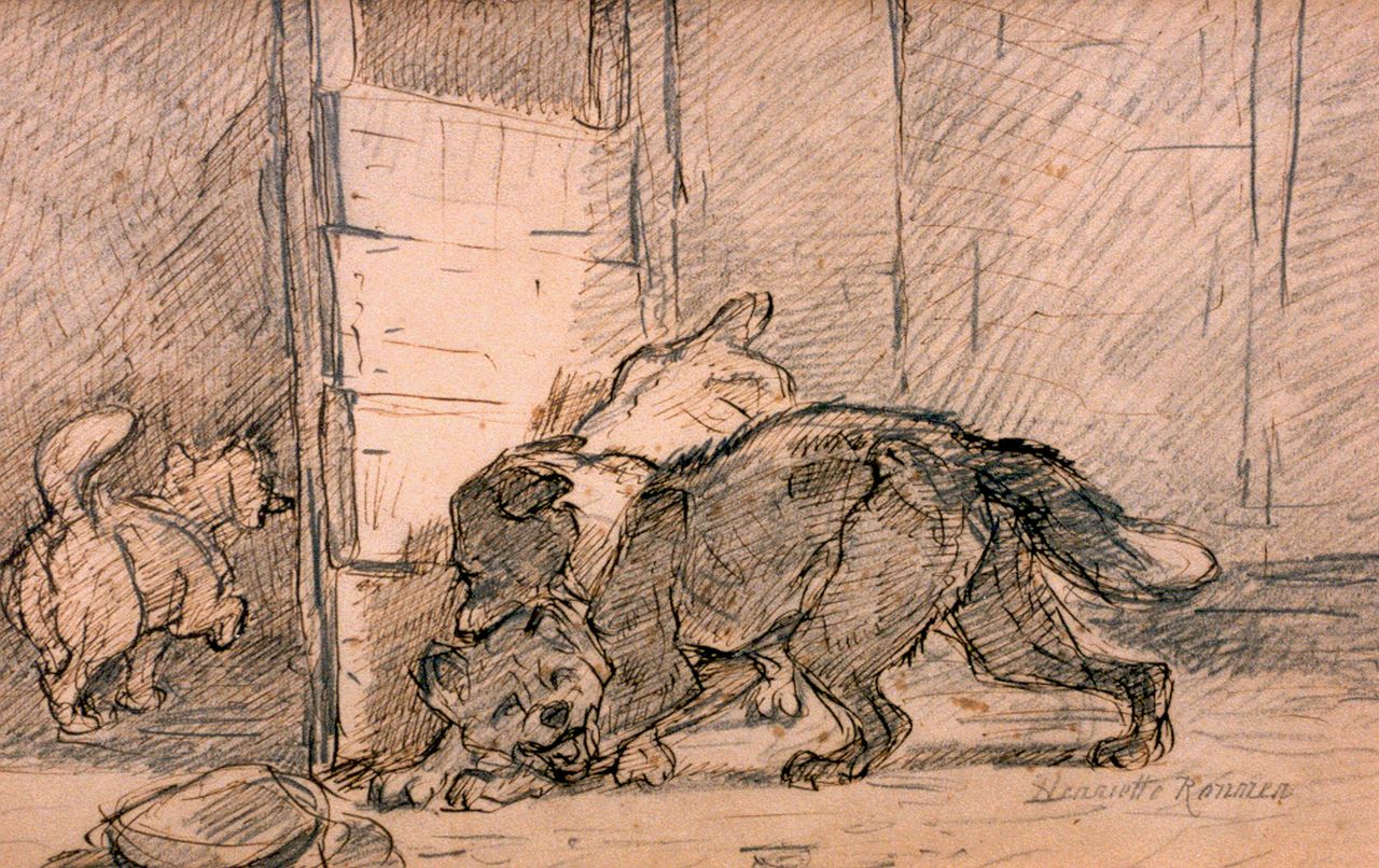 Ronner-Knip H.  | Henriette Ronner-Knip, The fight, pen and pencil on paper 20.0 x 31.0 cm, signed l.r.