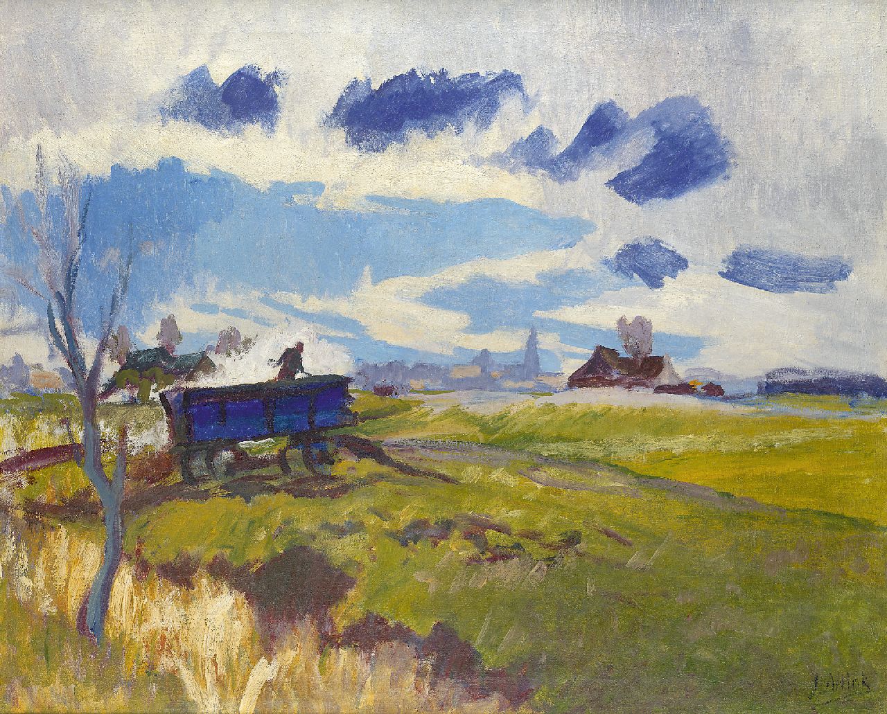 Altink J.  | Jan Altink, Landscape in Groningen with blue wagon, oil on canvas 64.1 x 78.2 cm, signed l.r. and executed ca. 1930