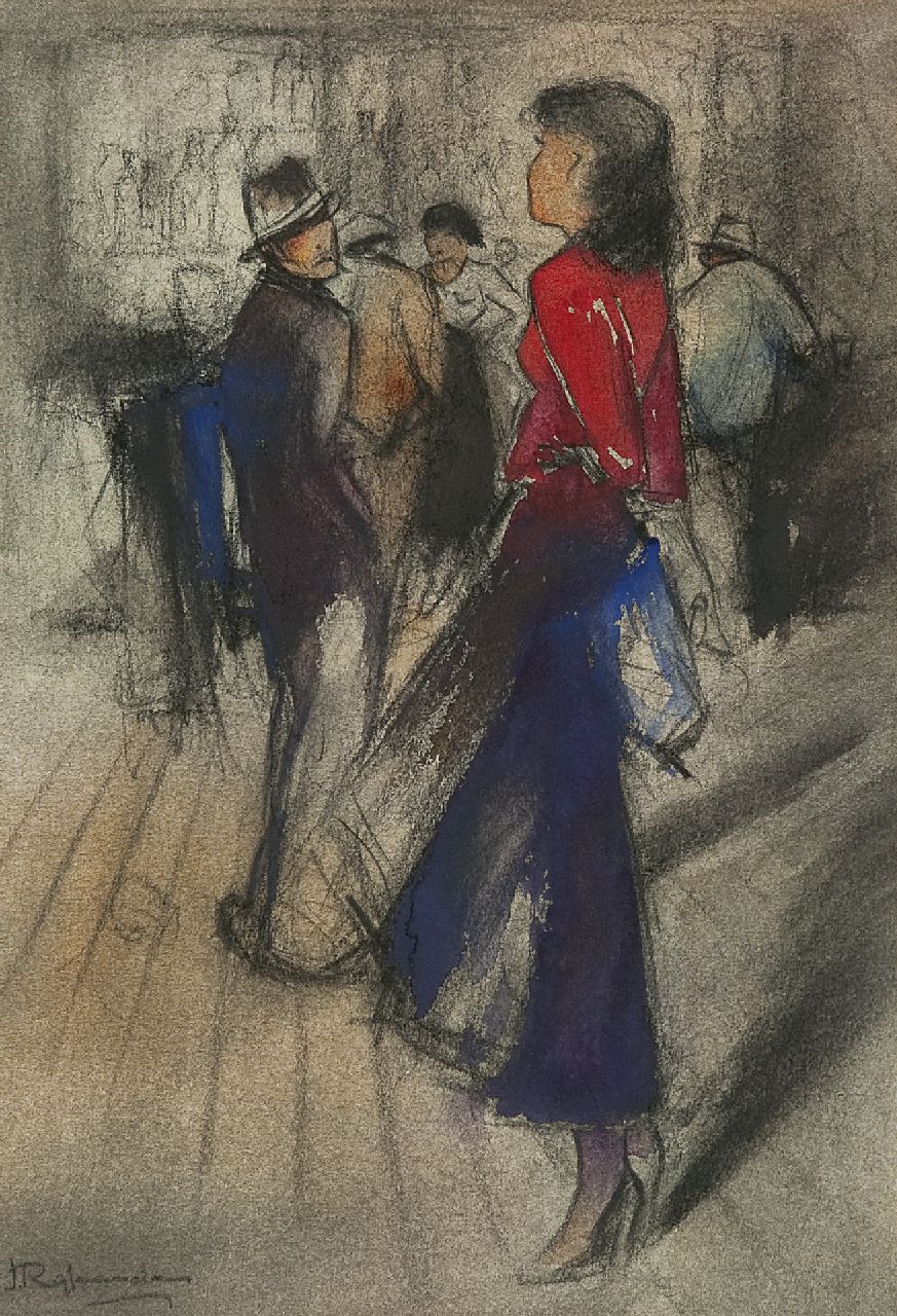 Rijlaarsdam J.  | Jan Rijlaarsdam, Flirtation, chalk and watercolour on paper 38.5 x 27.5 cm, signed l.l.