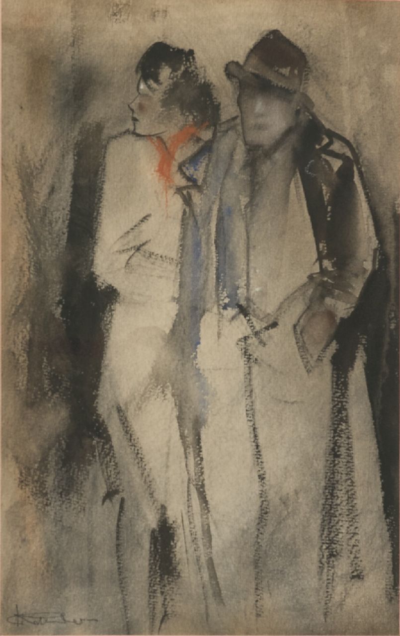 Rijlaarsdam J.  | Jan Rijlaarsdam, Man and lady at nightfall, chalk and watercolour on paper 38.6 x 27.2 cm, signed l.l.