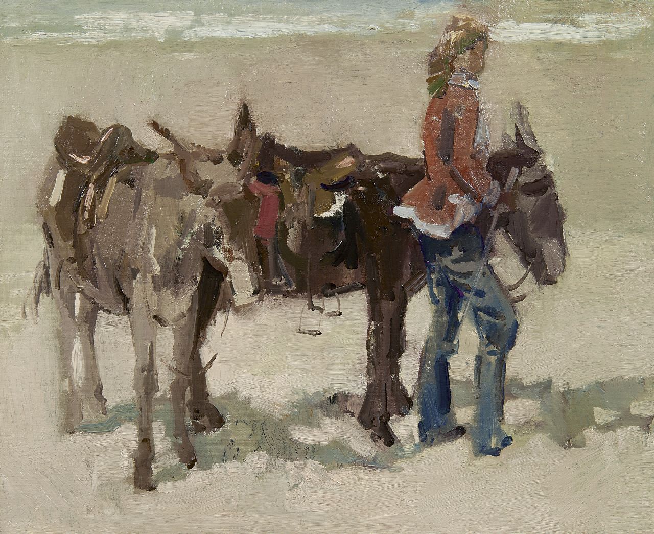 Boer H. de | Hessel de Boer, A girl with donkeys on a beach, oil on canvas 46.0 x 55.8 cm