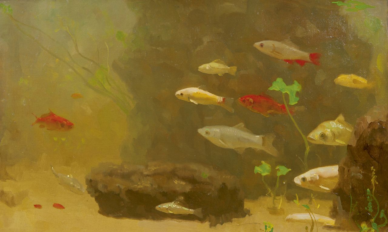 Dijsselhof G.W.  | Gerrit Willem Dijsselhof | Paintings offered for sale | Gold- and silverfish, oil on canvas 31.0 x 50.0 cm, signed l.r. with monogram