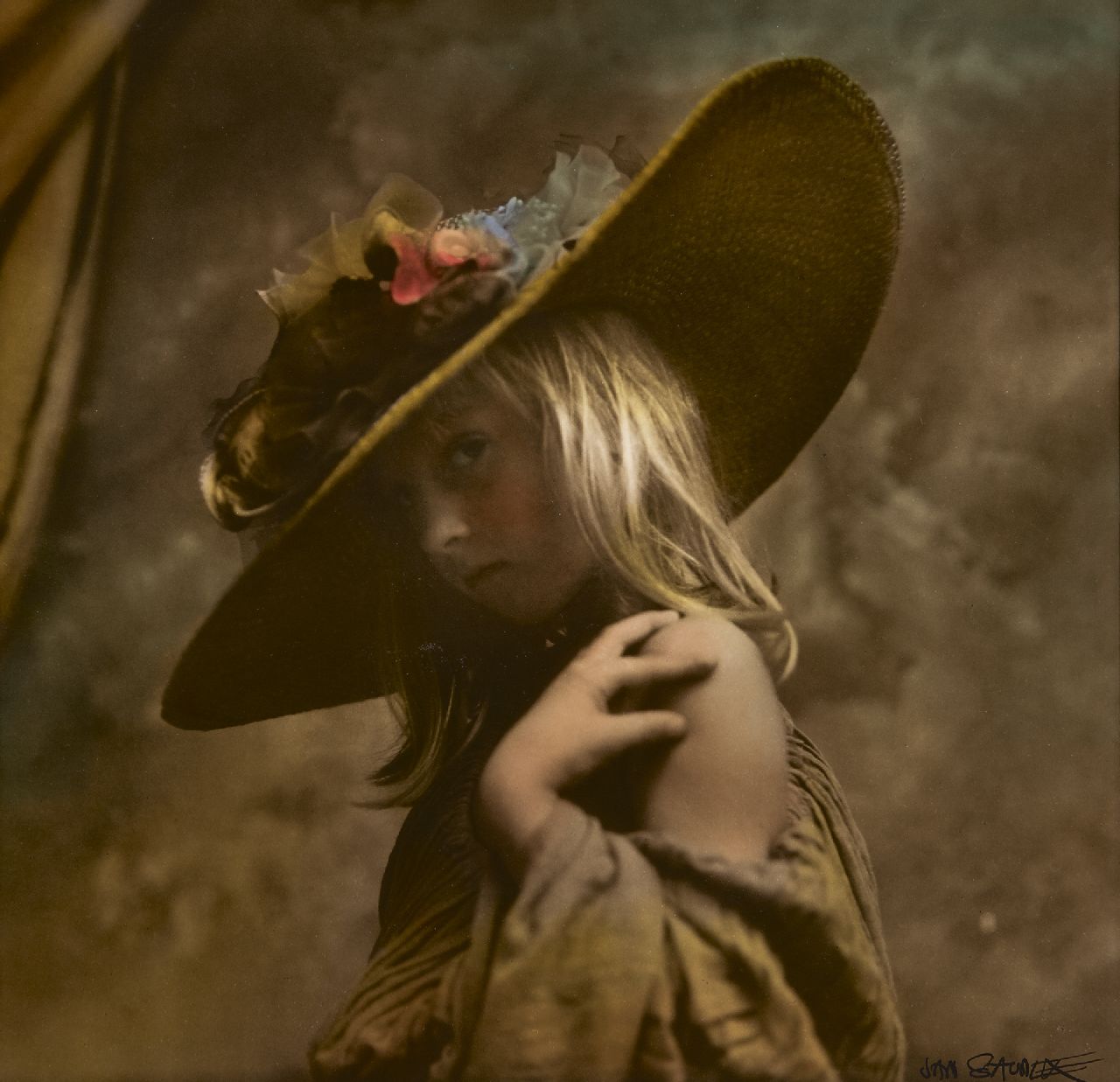 Saudek J.  | Jan Saudek, Girl with a straw hat, photo, silver gelatin print, hand colored 31.3 x 36.0 cm, signed l.r. and executed ca. 1960-1995