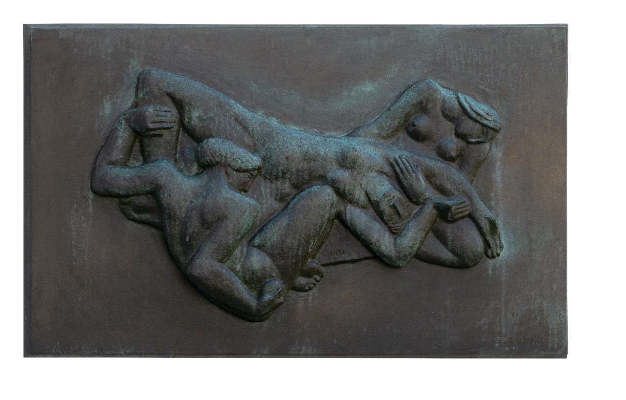 Carasso F.A.  | Federico Antonio 'Fred' Carasso | Sculptures and objects offered for sale | Relief with three reclining women, bronze, and green patine 44.3 x 74.8 cm, signed l.r. and dated 1951