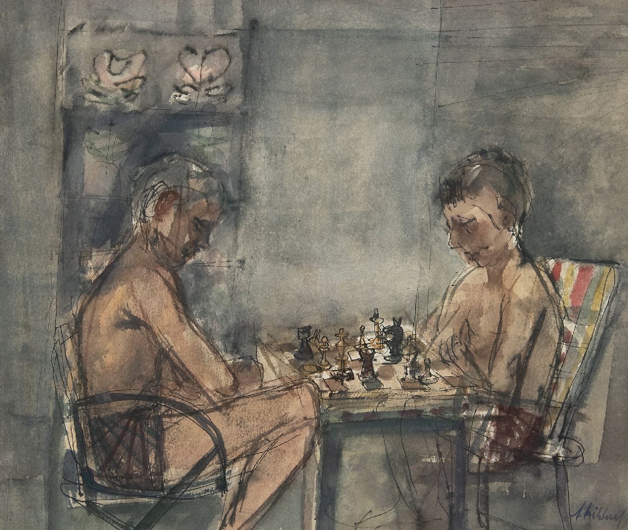 Kikkert A.  | Adriaan 'Ad' Kikkert | Watercolours and drawings offered for sale | Chess players in café Pardoel, Rotterdam, ink and watercolour on paper 30.7 x 41.6 cm