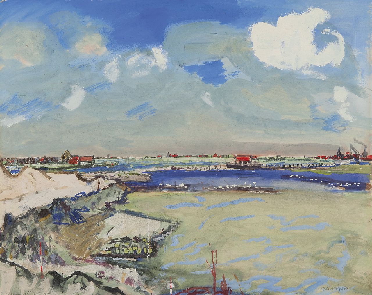 Wiegers J.  | Jan Wiegers, Closing the dikes, Zeeland 1953, gouache on paper 42.4 x 53.3 cm, signed l.r. and dated 'Schelphoek' juli 1953