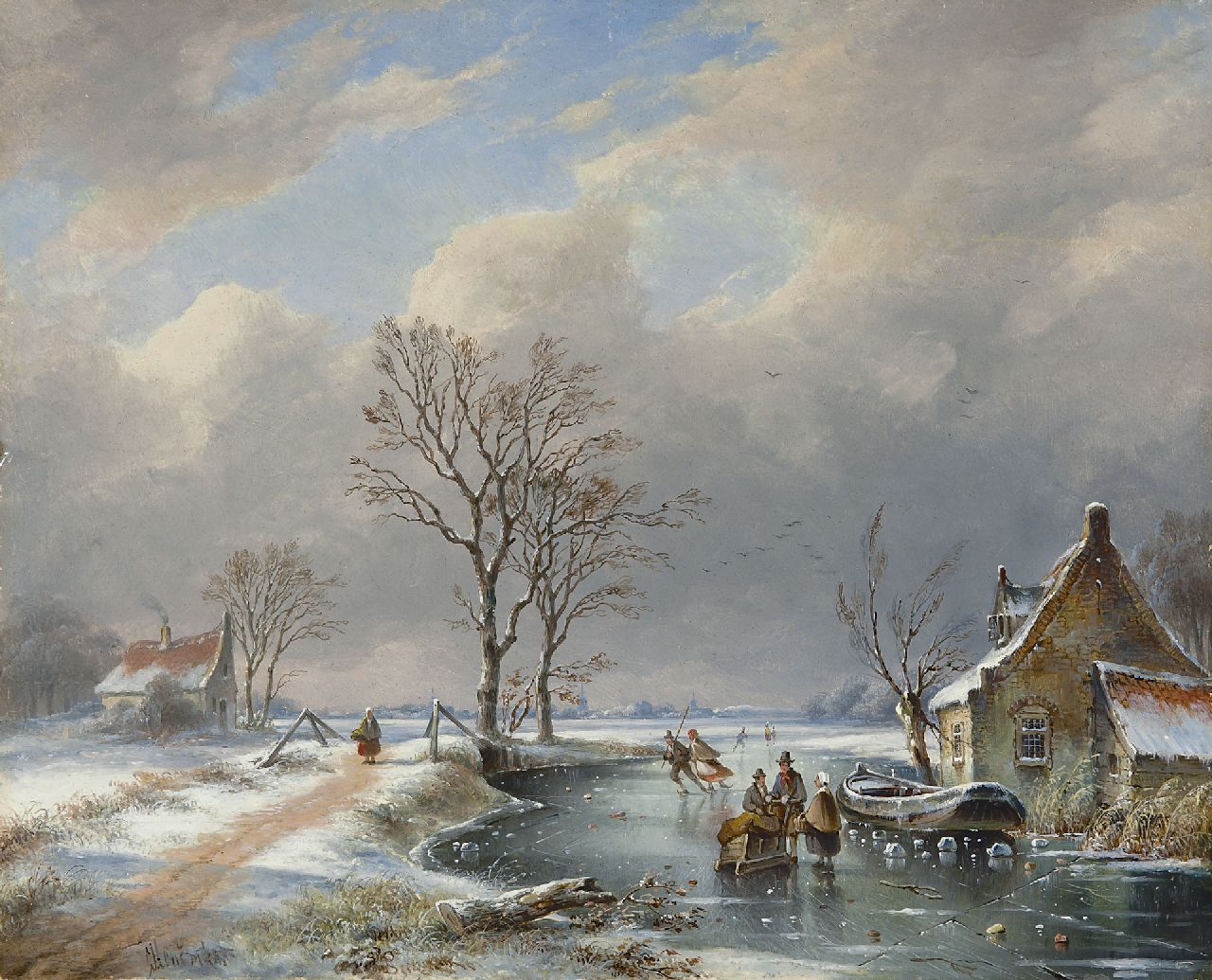 Hendriks G.  | Gerardus 'George Henry' Hendriks, A winter landscape with skaters and a sledge, oil on panel 29.2 x 36.3 cm, signed l.l.