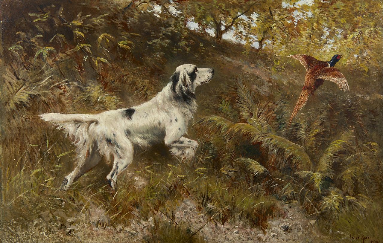 Essen J.C. van | Johannes Cornelis 'Jan' van Essen, A setter with a pheasant, oil on canvas 62.3 x 95.2 cm, signed l.r. and dated 1919