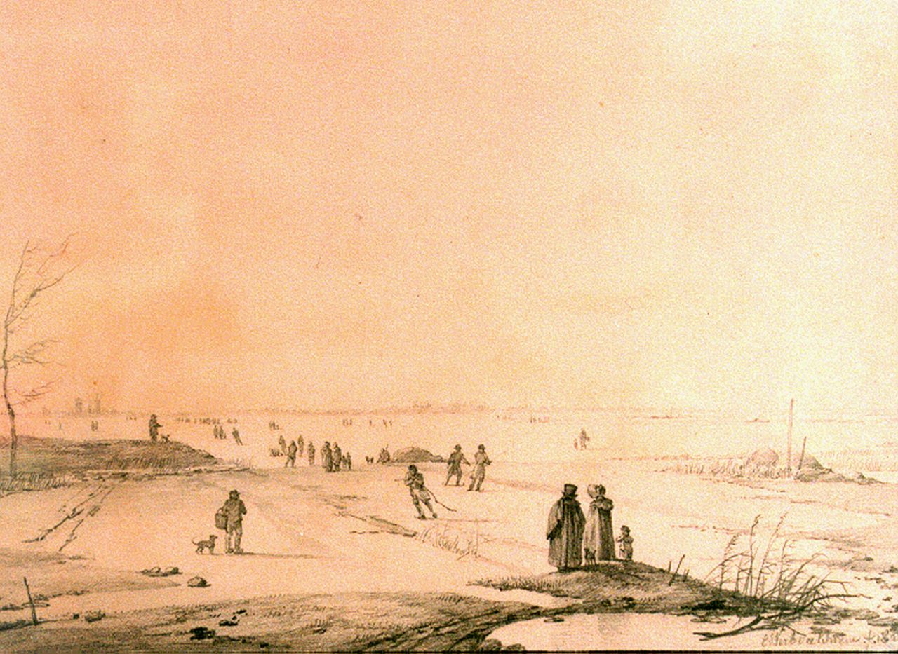 Verboeckhoven E.J.  | Eugène Joseph Verboeckhoven, Winterfun, pencil on paper 15.0 x 20.5 cm, signed l.r. and dated 182?