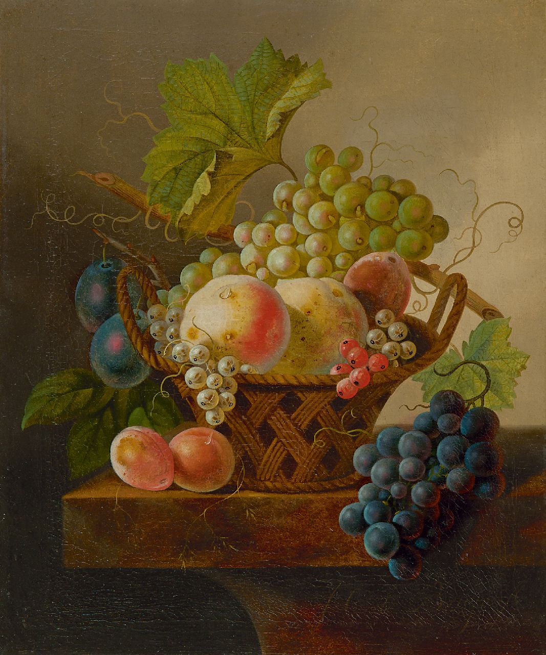 Bruyn J.C. de | Johannes Cornelis de Bruyn | Paintings offered for sale | Still life with grapes and peaches in a basket, oil on canvas 43.8 x 36.0 cm, signed l.r.