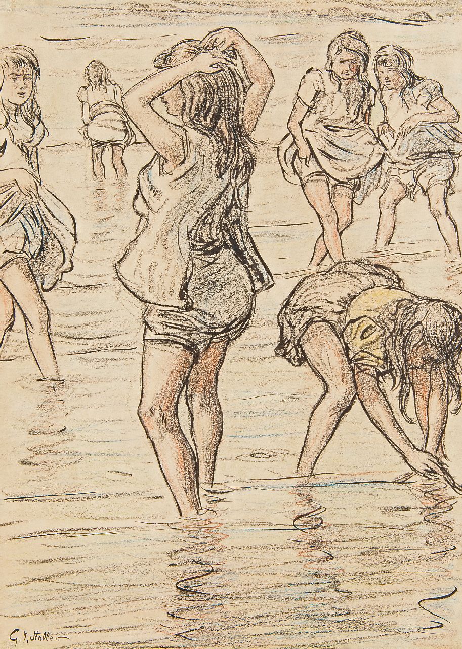 Staller G.J.  | Gerard Johan Staller | Watercolours and drawings offered for sale | Girls paddling in the sea, chalk and Indian ink on paper 33.8 x 24.0 cm, signed l.l.