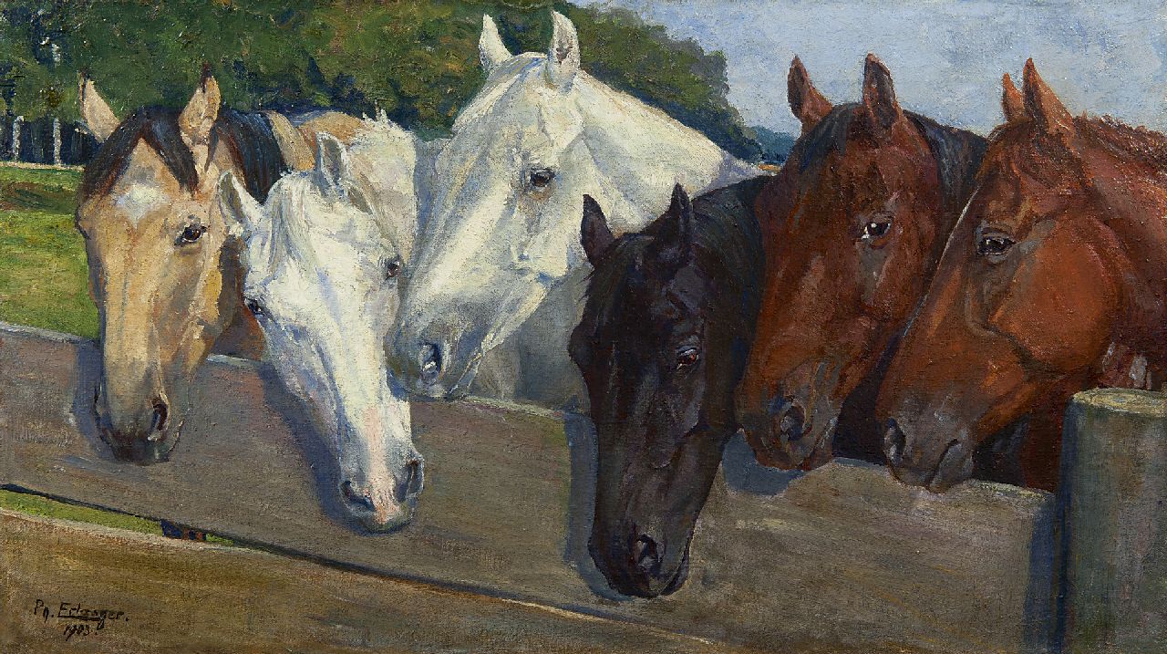 Erlanger P.J.  | Philipp Jakob Erlanger, Horses behind the fence, oil on canvas 38.4 x 67.7 cm, signed l.l. and dated 1903