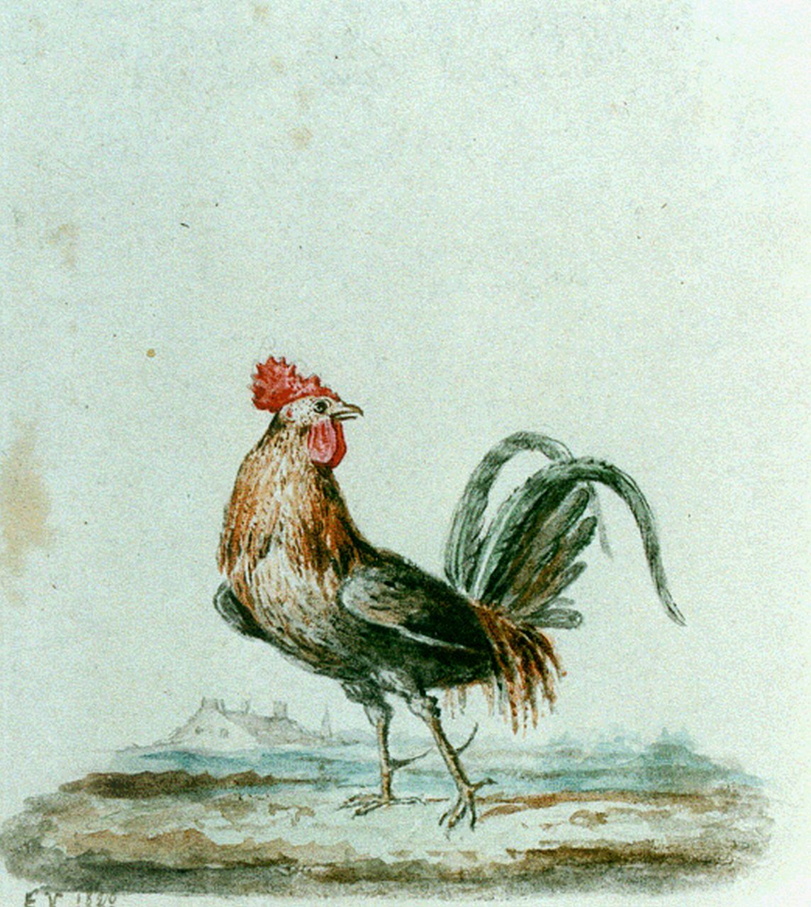 Verboeckhoven E.J.  | Eugène Joseph Verboeckhoven, Rooster, watercolour on paper 6.5 x 6.0 cm, signed l.l. with monogram and dated 1928