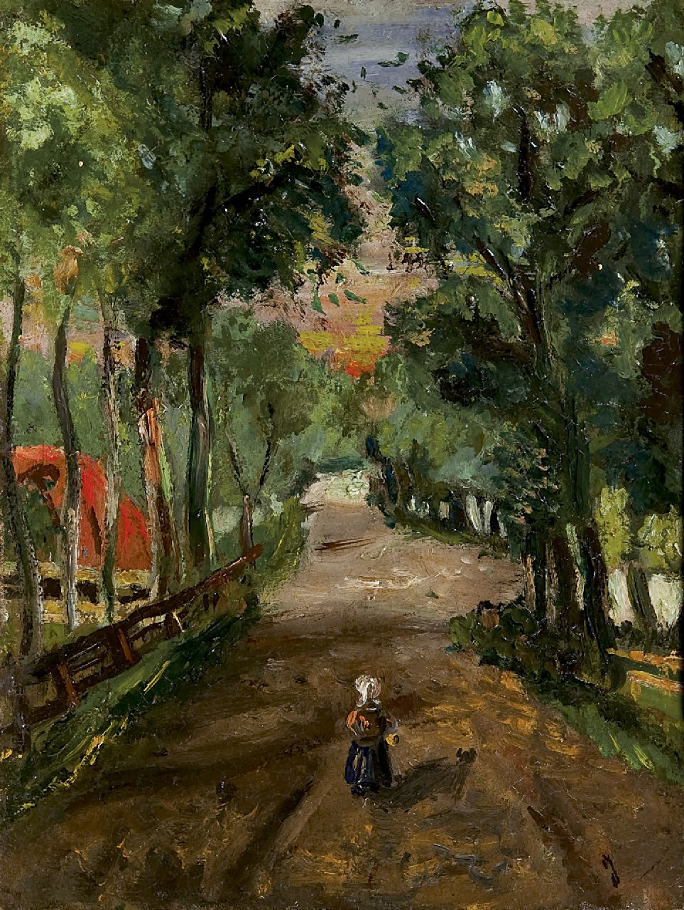 Oranje-Nassau (koningin Juliana) J.L.E.M.W. van | Juliana Louise Emma Marie Wilhelmina van Oranje-Nassau (koningin Juliana), A forest path with a girl, oil on board 18.7 x 13.9 cm, signed l.r. with initial