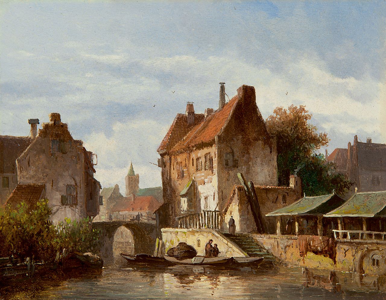 Eversen A.  | Adrianus Eversen, Moored boats in a canal in Utrecht, oil on panel 16.6 x 21.0 cm