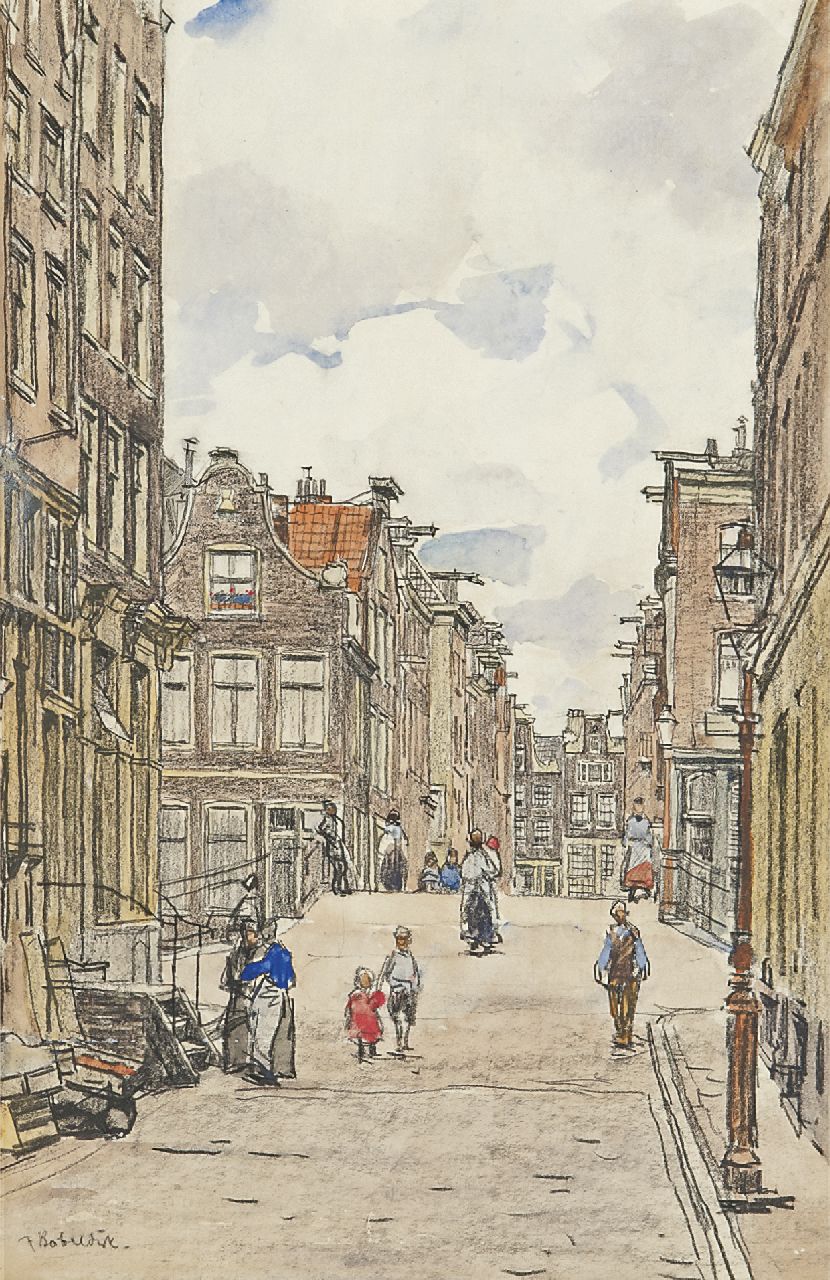 Bobeldijk F.  | Felicien Bobeldijk, The Tweede Leliedwarsstraat, corner Eglantiersgracht, Amsterdam, chalk and watercolour on paper 34.0 x 22.3 cm, signed l.l.