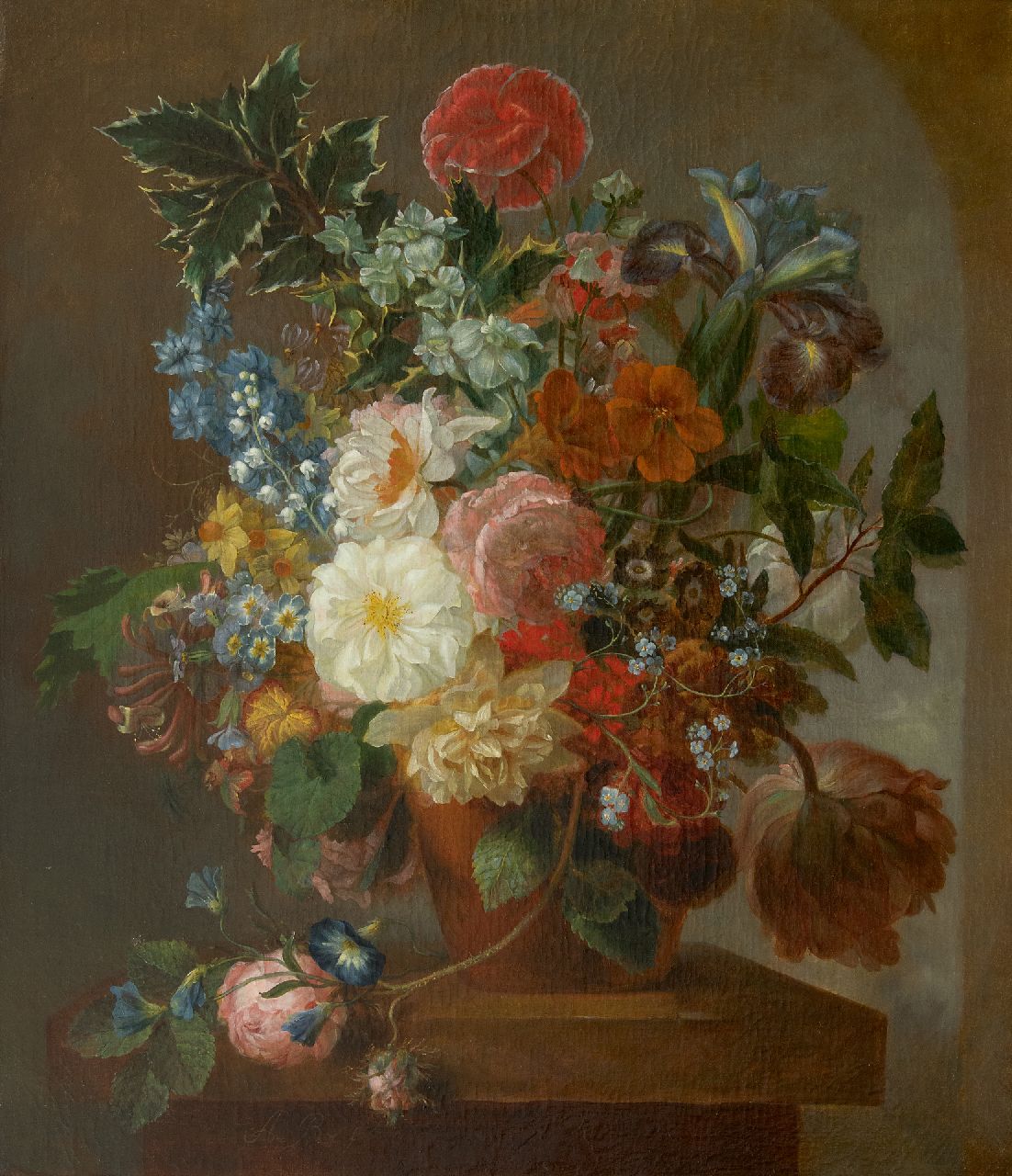Reijerman A.  | Annette 'Anna' Reijerman, A flower still life on a marble ledge, oil on canvas 59.7 x 51.6 cm, signed l.l. with initials