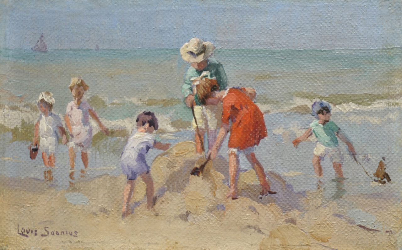 Soonius L.  | Lodewijk 'Louis' Soonius, Children playing at the beach, oil on canvas laid down on board 8.7 x 13.8 cm, signed l.l.