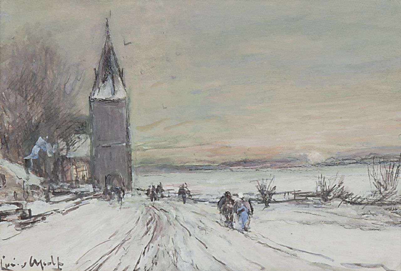 Apol L.F.H.  | Lodewijk Franciscus Hendrik 'Louis' Apol, Going to church in winter, chalk and gouache on paper 11.9 x 16.8 cm, signed l.l.