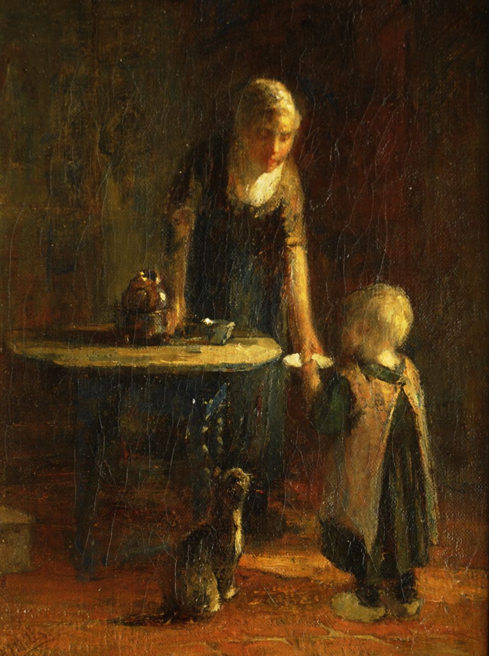 Mélis H.J.  | Henricus Joannes Mélis, Milk for the cat, oil on canvas 35.4 x 26.5 cm, signed l.l.