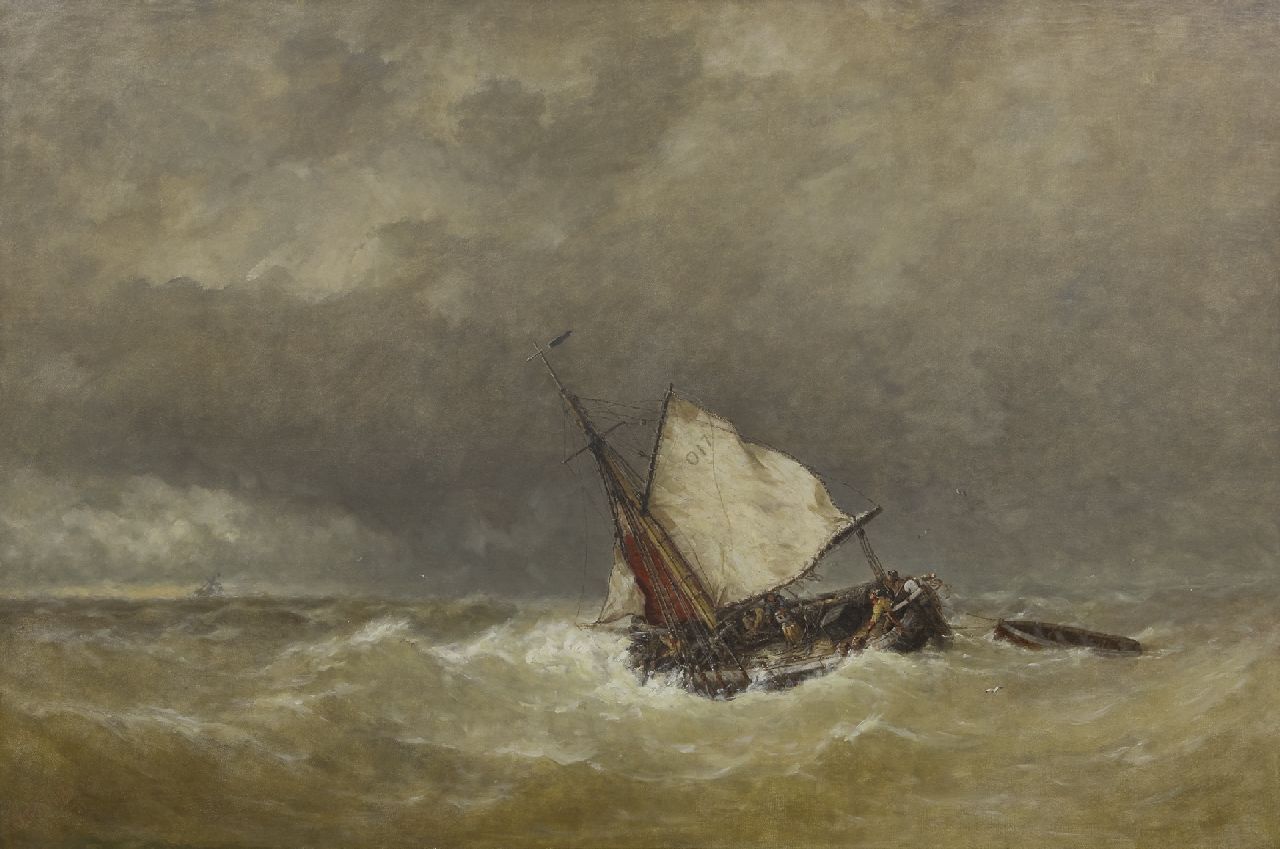 Schütz J.F.  | Jan Frederik Schütz, Sailing vessel in a storm at sea, oil on canvas 70.3 x 105.2 cm, signed l.l. and dated '53 and '87