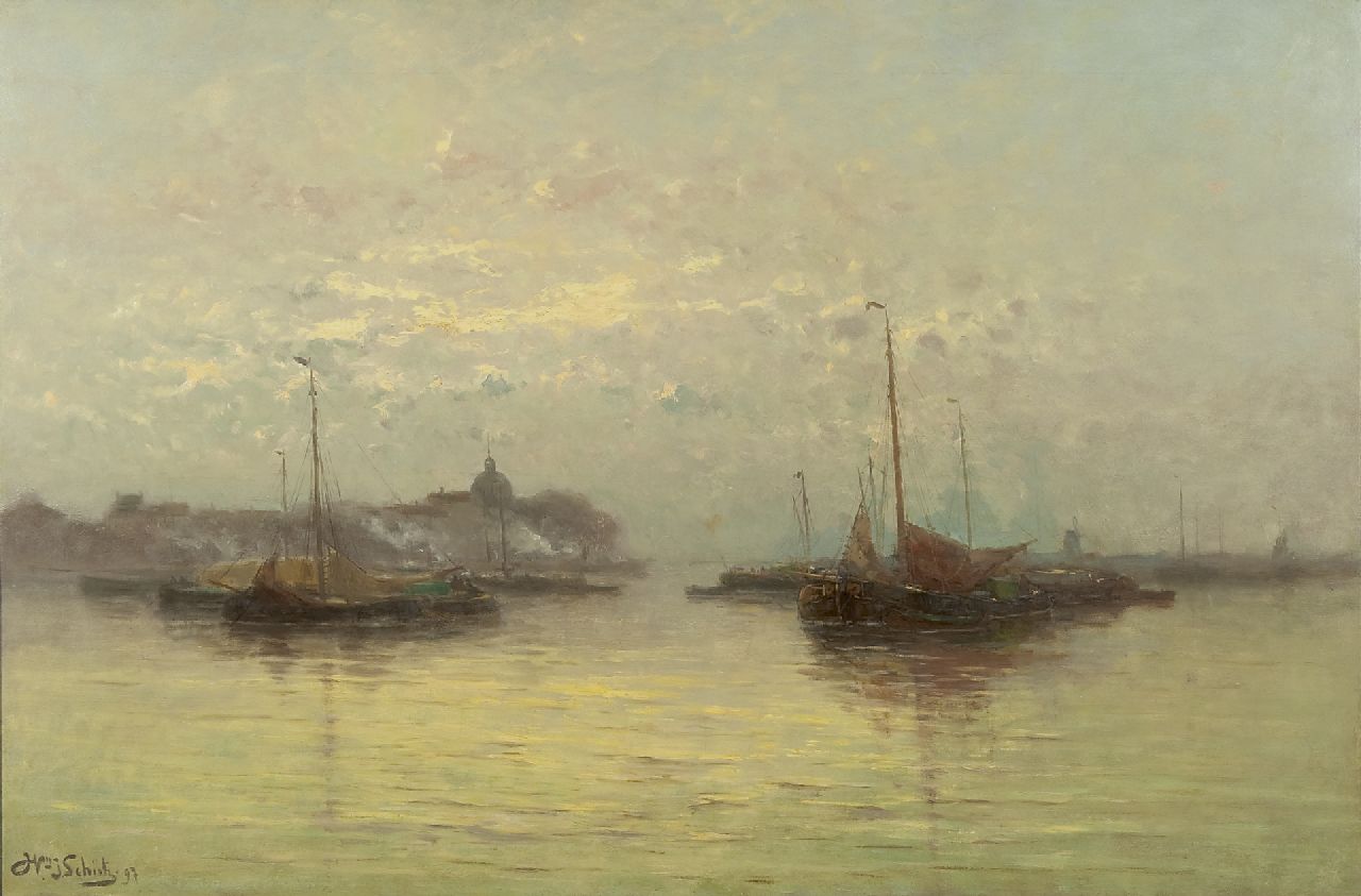 Schütz W.J.  | Willem Johannes Schütz, Sailing vessels at anchor (near Dordrecht), oil on canvas 70.5 x 105.2 cm, signed l.l. and dated '97