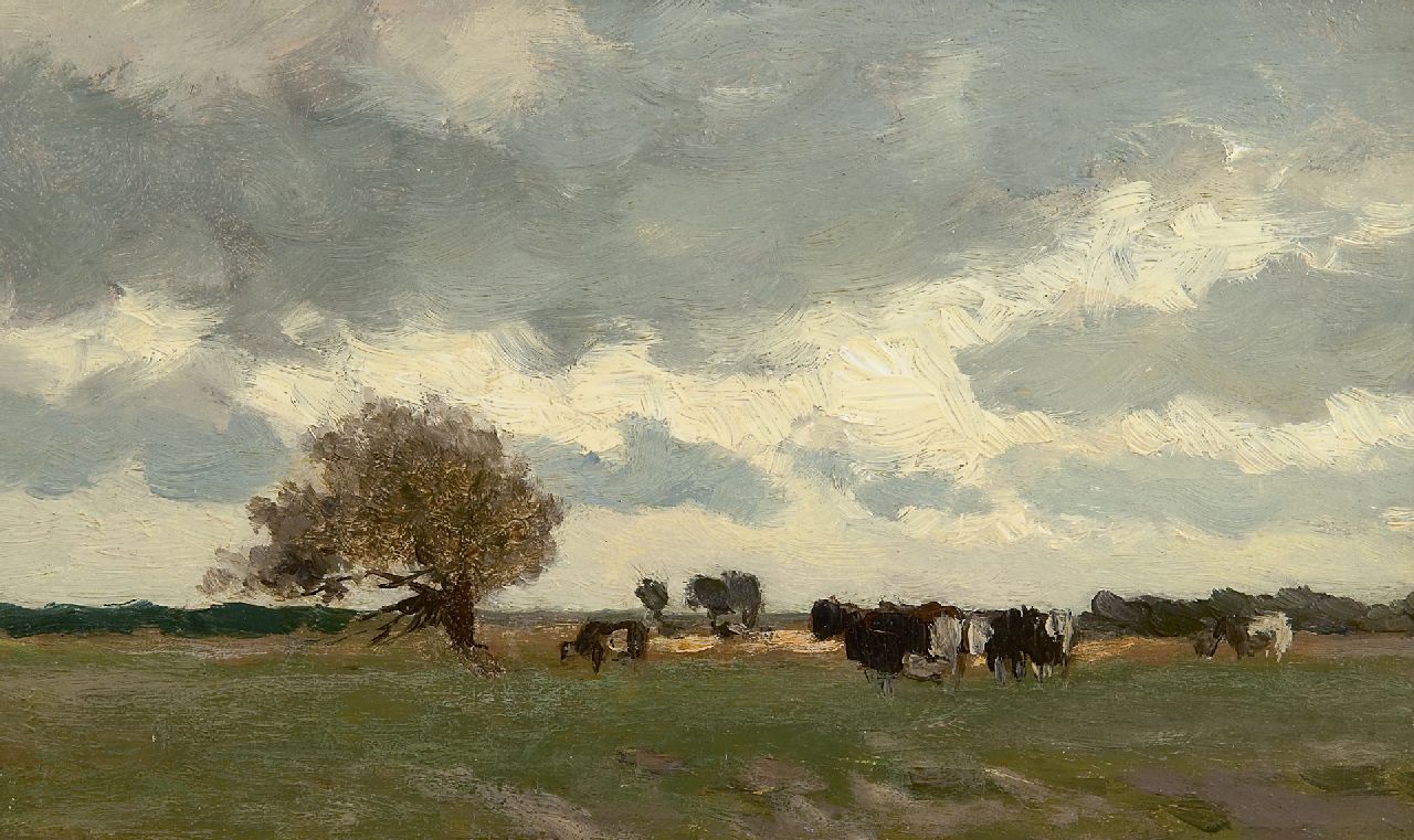 Weissenbruch H.J.  | Hendrik Johannes 'J.H.' Weissenbruch, A Dutch landscape with cows in a meadow, oil on panel 15.0 x 25.1 cm